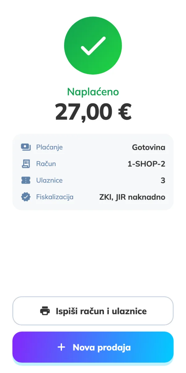 Sunmi uređaj: naplaćeno, broj računa i fiskalizacija