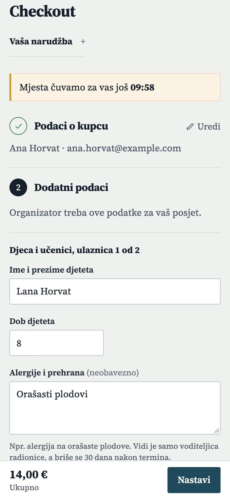 Korak Dodatni podaci na mobitelu: ime i dob djeteta i alergije za ulaznicu