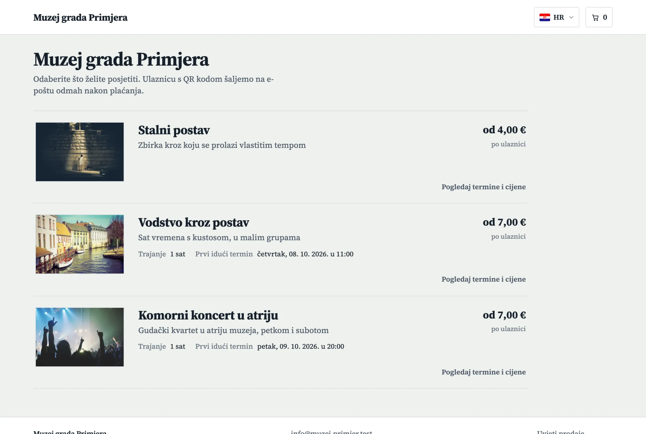 Popis događanja u webshopu s ocjenom, trajanjem i cijenom od